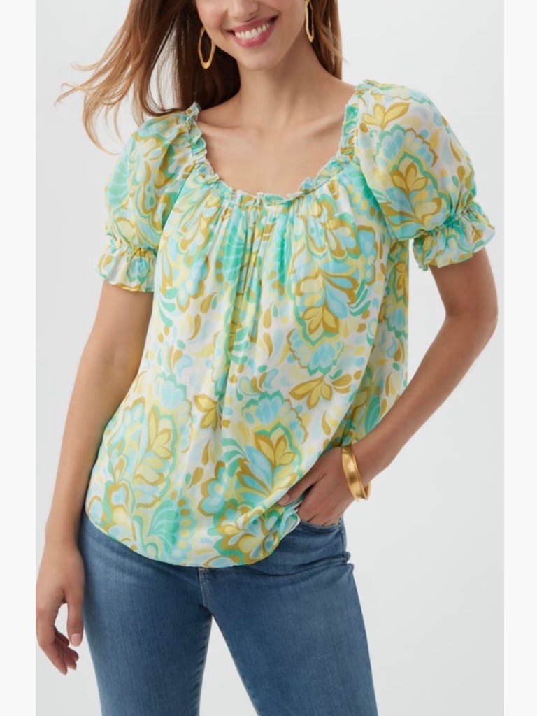 Trina Turk Sophia 2 Ruffled Silk Blend Top Clearwater Multi Sz L